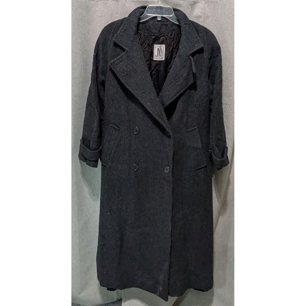 Jones New York Wool Coat Womens XL Gray Good Double Breasted Long Trench Vintage